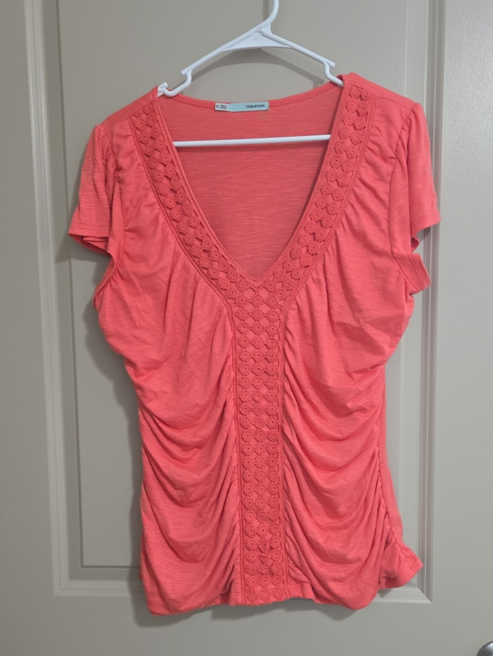Maurices Coral Lace-Trim Ruched V-Neck Short Sleeve Top